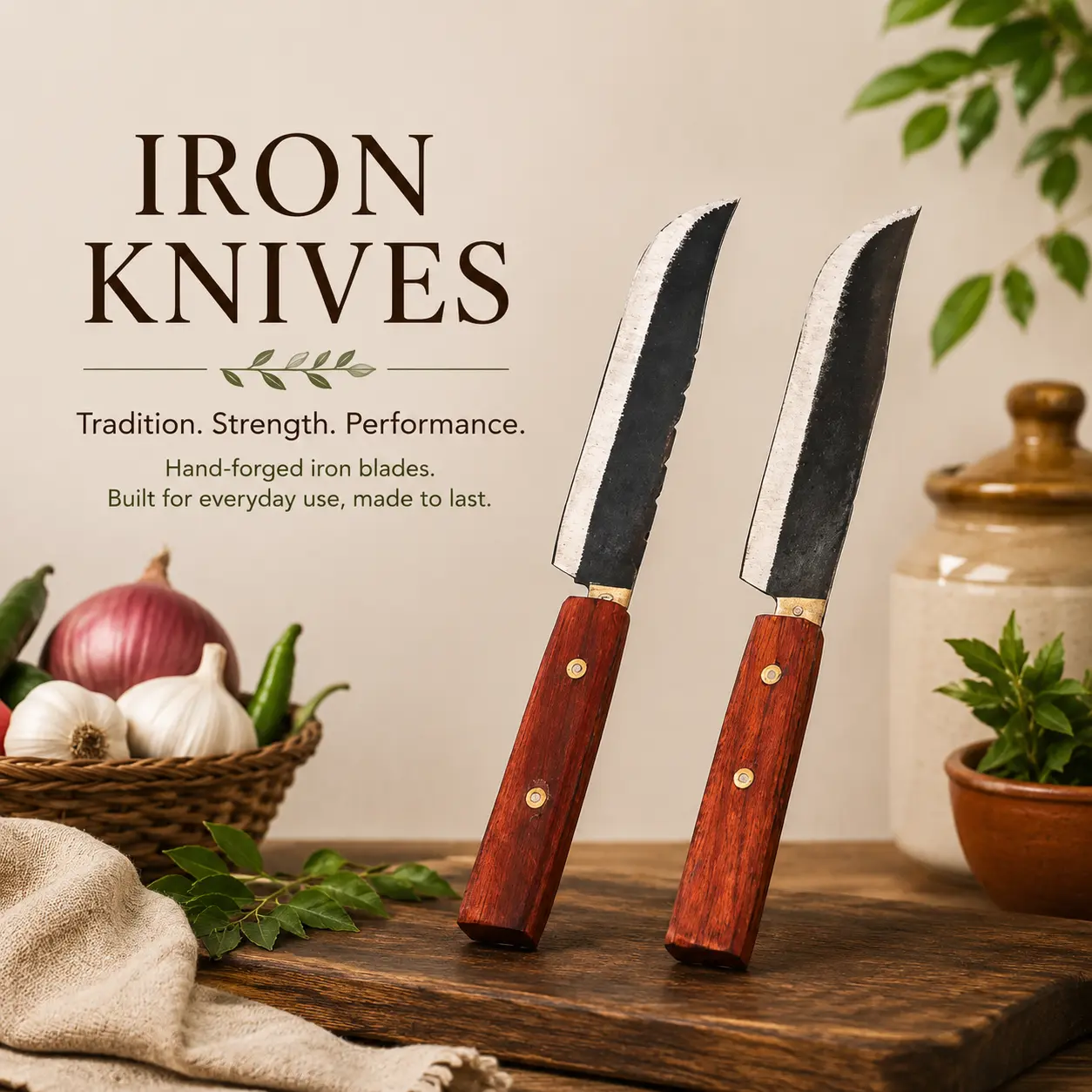Hand-forged iron kitchen knives with wooden handles for everyday cooking and food preparation.