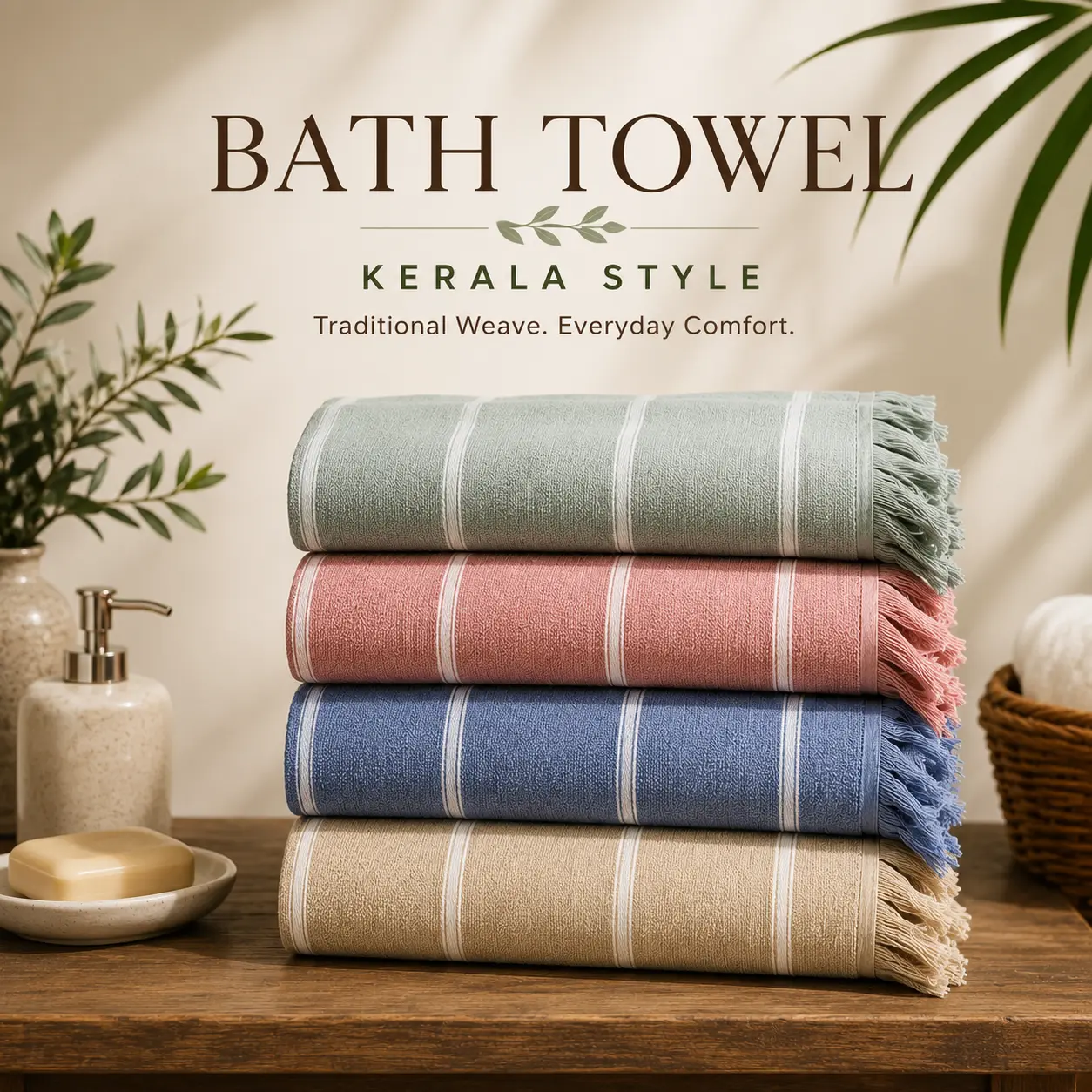 Kerala style cotton bath towels in soft natural colours with traditional woven design and tassels.