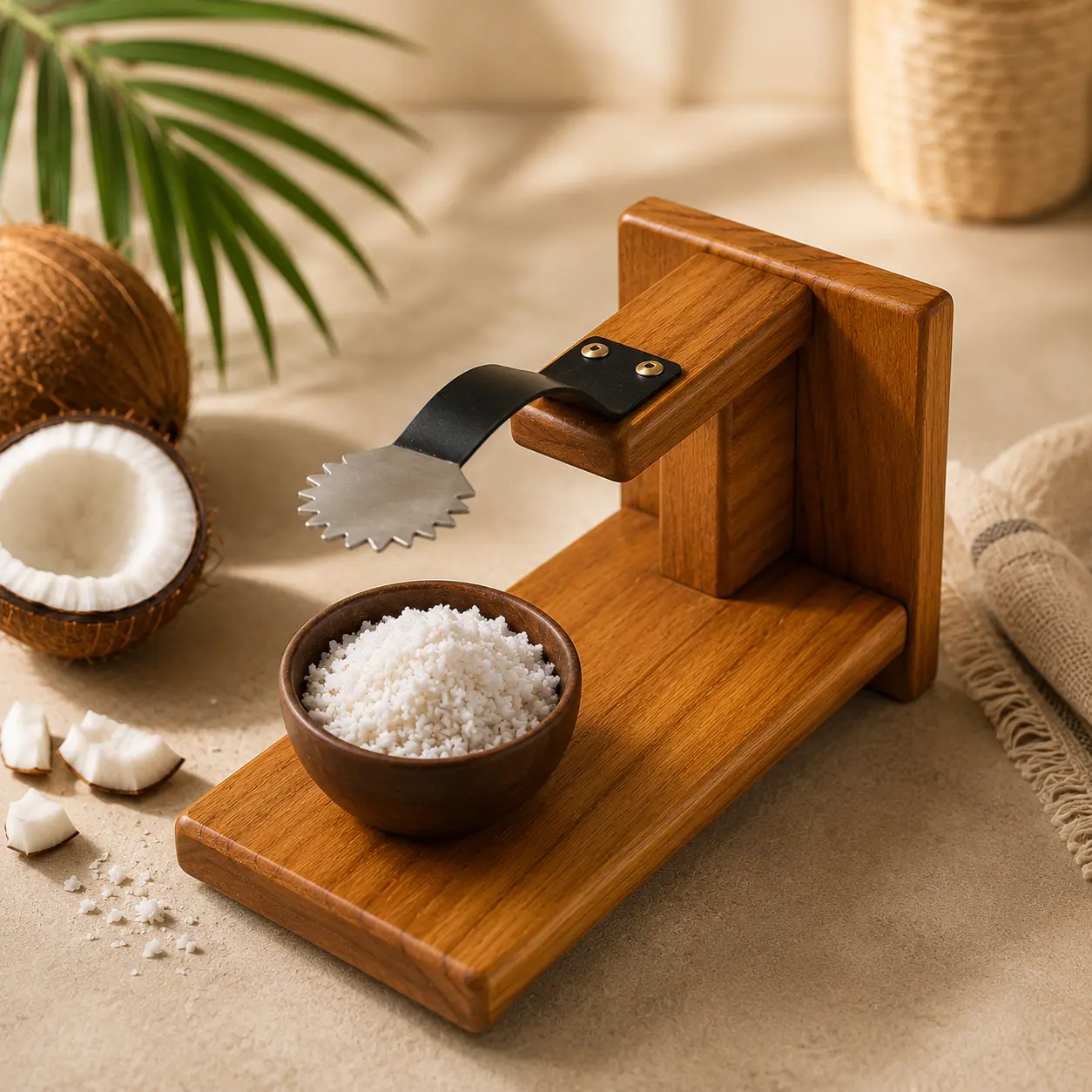 Traditional wooden coconut grater with freshly grated coconut, coconut halves, and tropical styling for authentic Kerala kitchens.