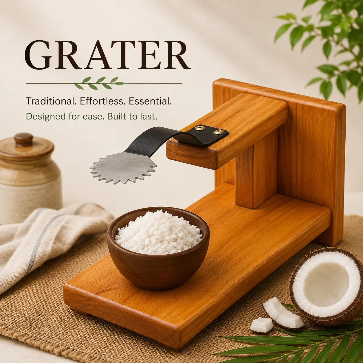 Traditional wooden coconut grater with a stainless steel blade for grating fresh coconut in Kerala-style cooking.