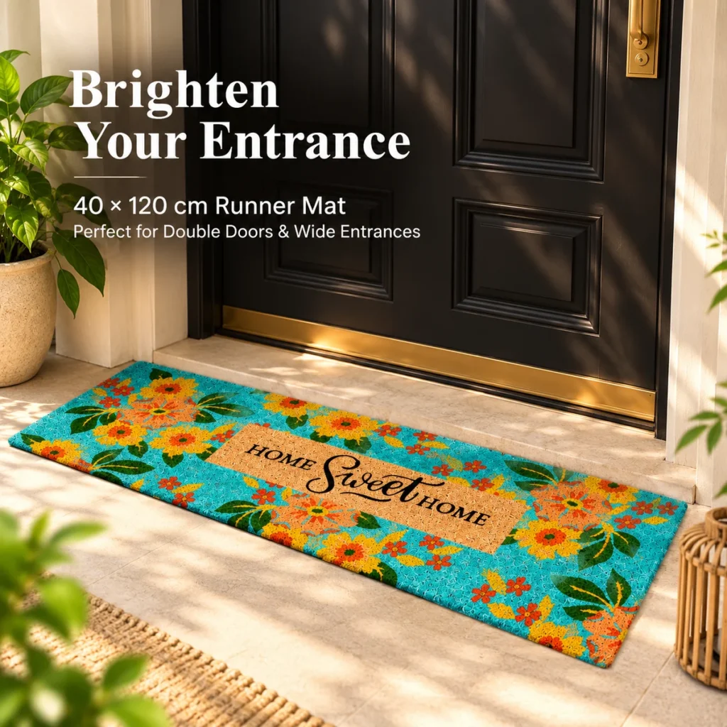 YATTA turquoise floral HOME Sweet HOME coir runner mat at a front door, 40 x 120 cm.