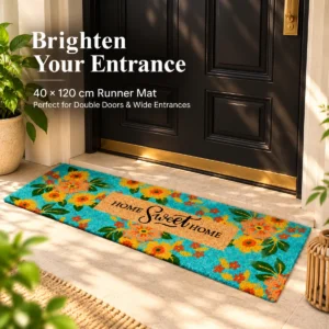 YATTA turquoise floral HOME Sweet HOME coir runner mat at a front door, 40 x 120 cm.