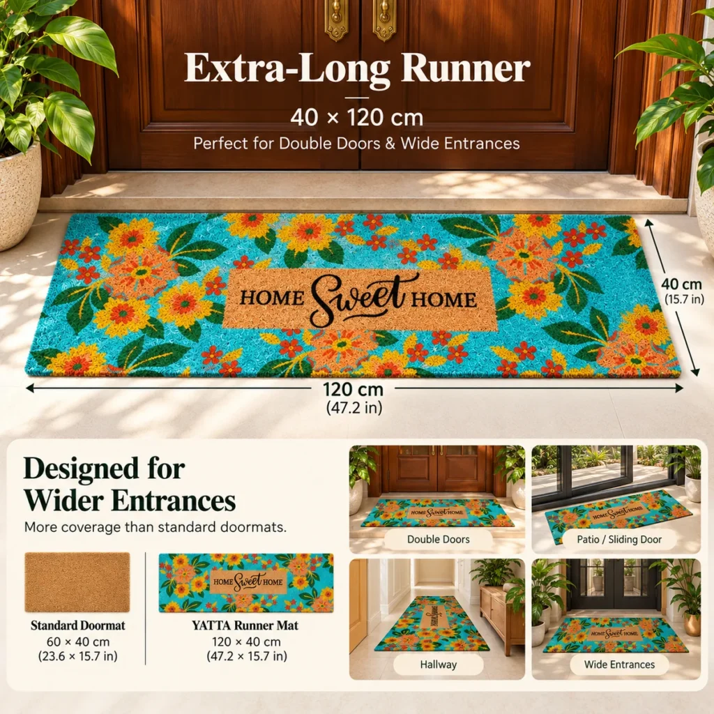 YATTA turquoise floral coir runner mat with 40 x 120 cm measurements and wide entrance examples.