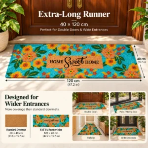 YATTA turquoise floral coir runner mat with 40 x 120 cm measurements and wide entrance examples.
