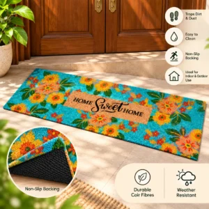 Turquoise floral coir runner mat showing dirt-trapping features and textured non-slip backing.
