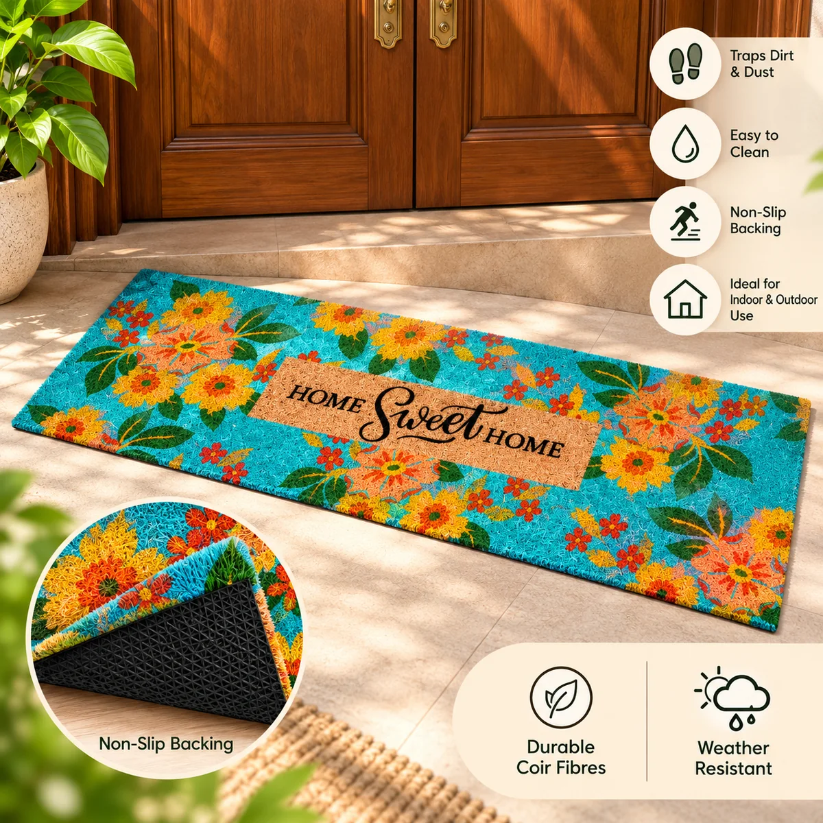 Turquoise floral coir runner mat showing dirt-trapping features and textured non-slip backing.