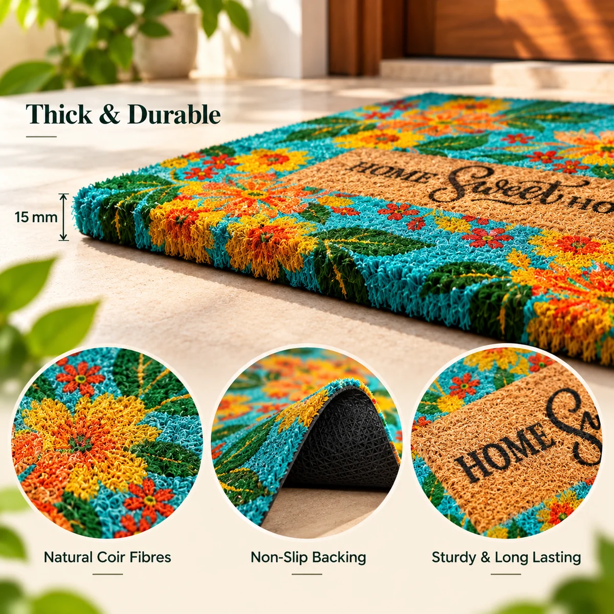 Close-up of turquoise floral coir runner with 15 mm thickness, coir fibres and non-slip backing.