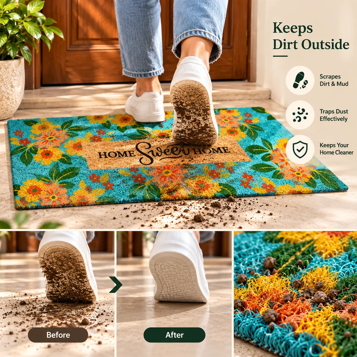 Person cleaning mud from their shoe on a turquoise floral HOME Sweet HOME coir runner mat.