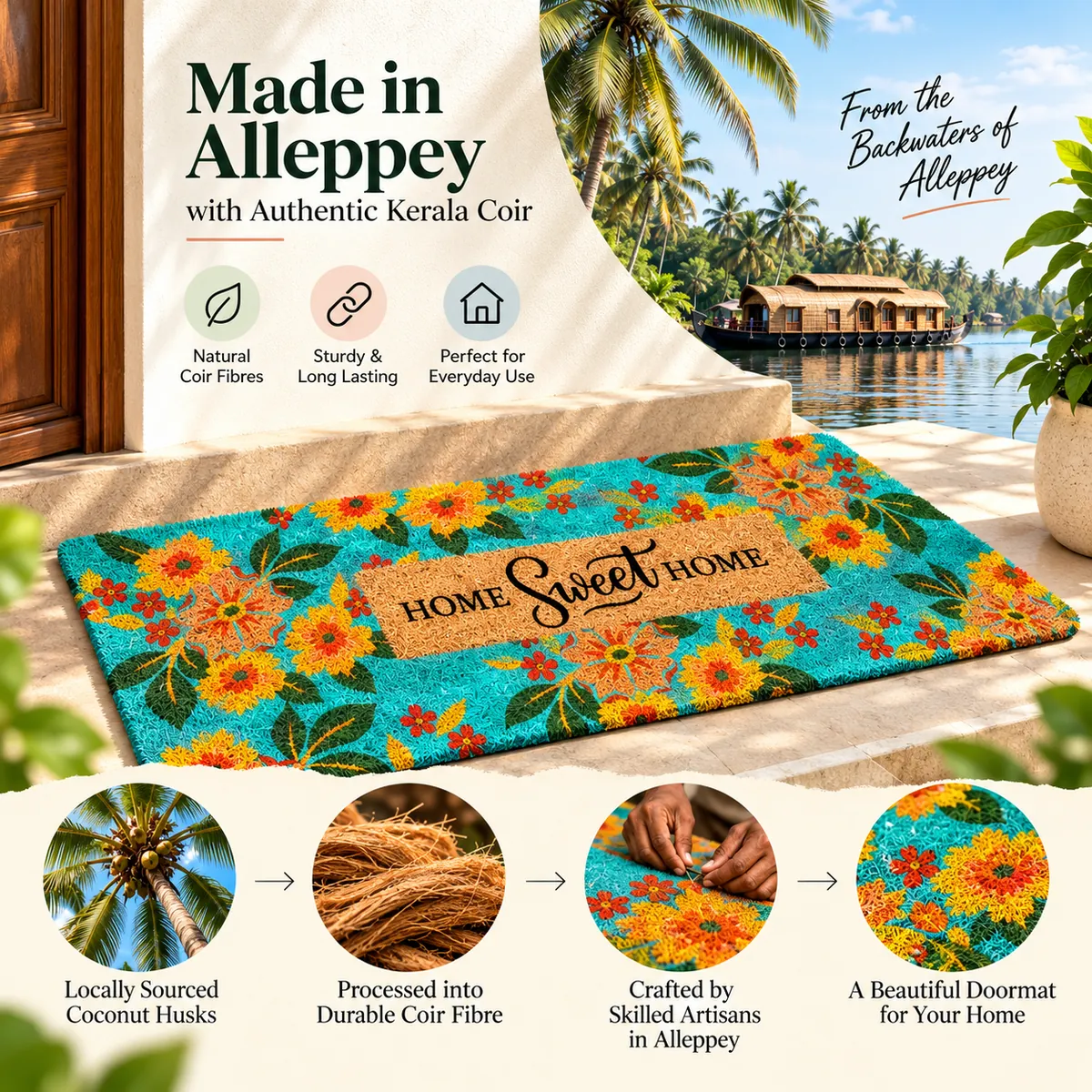 Turquoise floral YATTA coir runner mat with Alleppey Kerala backwaters and coconut coir story.