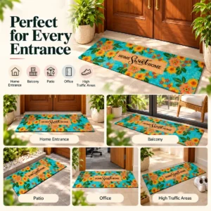 Turquoise floral HOME Sweet HOME runner shown at a doorway, balcony, patio, office and entryway.